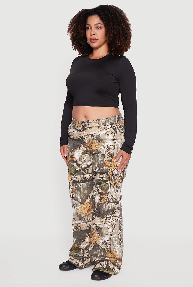 Womens Plus Tree Camo Wide Leg Cargo Pants, Brown,