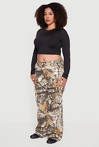 Womens Plus Tree Camo Wide Leg Cargo Pants, Brown,