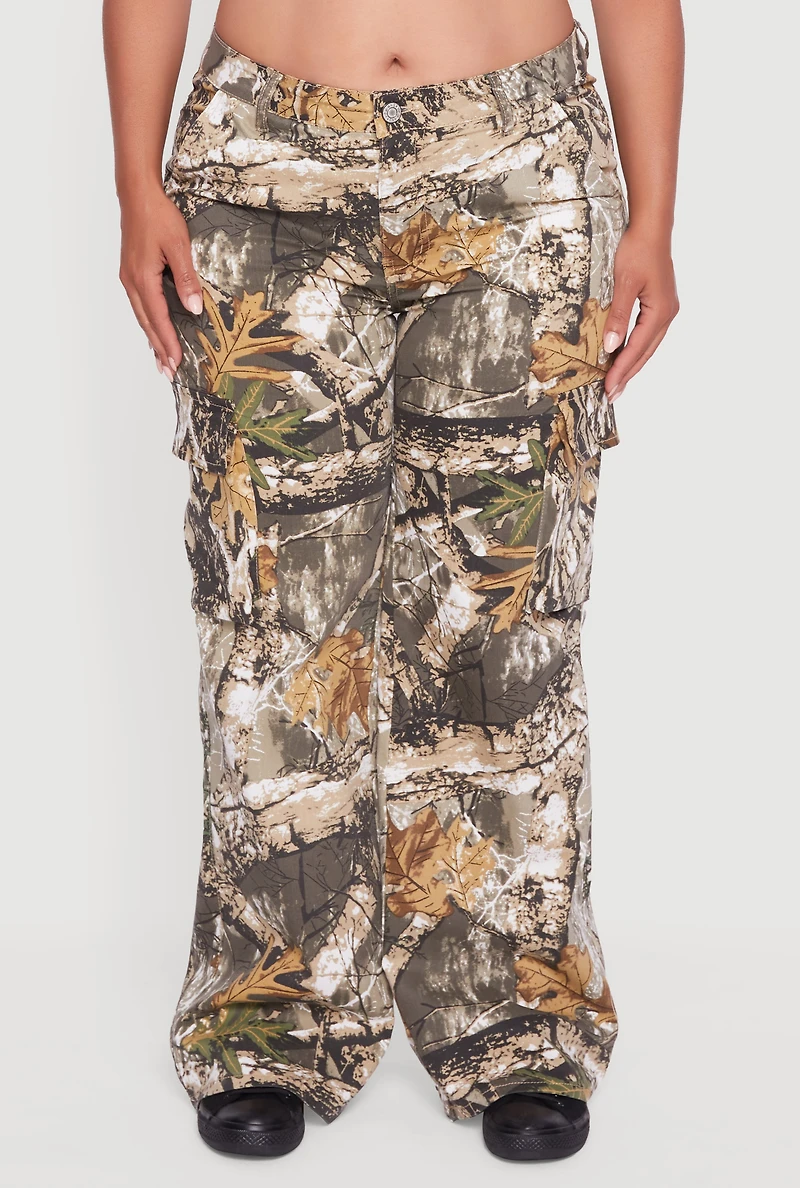 Womens Plus Tree Camo Wide Leg Cargo Pants, Brown,