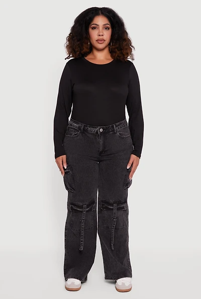 Womens Plus Size VIP Acid Wash Strap Cargo Jeans, Black, Size 15-16