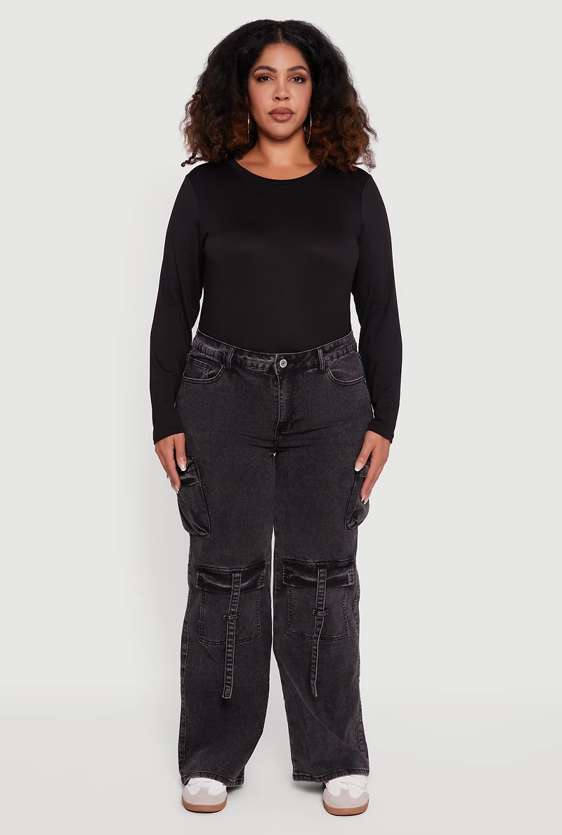 Womens Plus Size VIP Acid Wash Strap Cargo Jeans, Black, Size 15-16