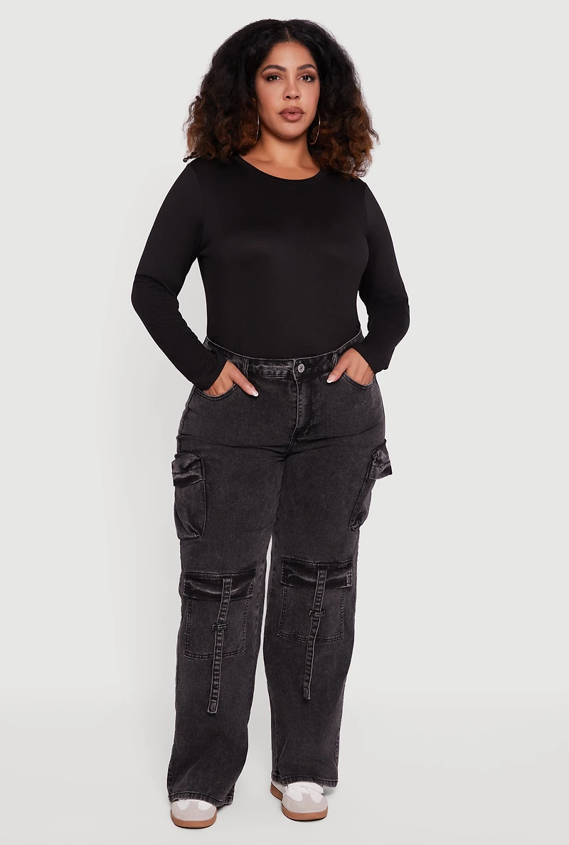 Womens Plus Size VIP Acid Wash Strap Cargo Jeans, Black, Size 15-16