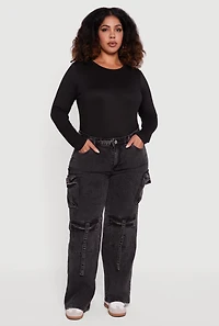 Womens Plus Size VIP Acid Wash Strap Cargo Jeans, Black, Size 15-16