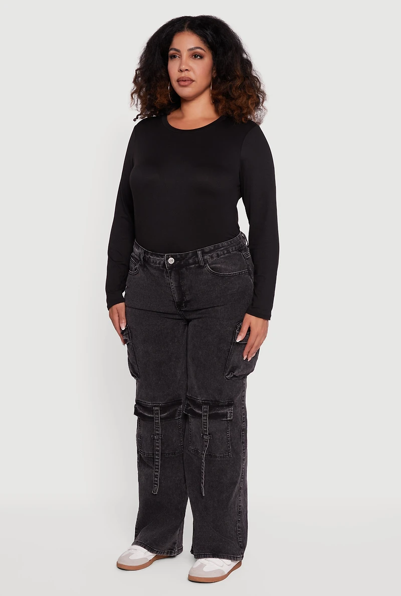 Womens Plus Size VIP Acid Wash Strap Cargo Jeans, Black, Size 15-16