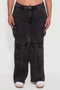 Womens Plus Size VIP Acid Wash Strap Cargo Jeans, Black, Size 15-16