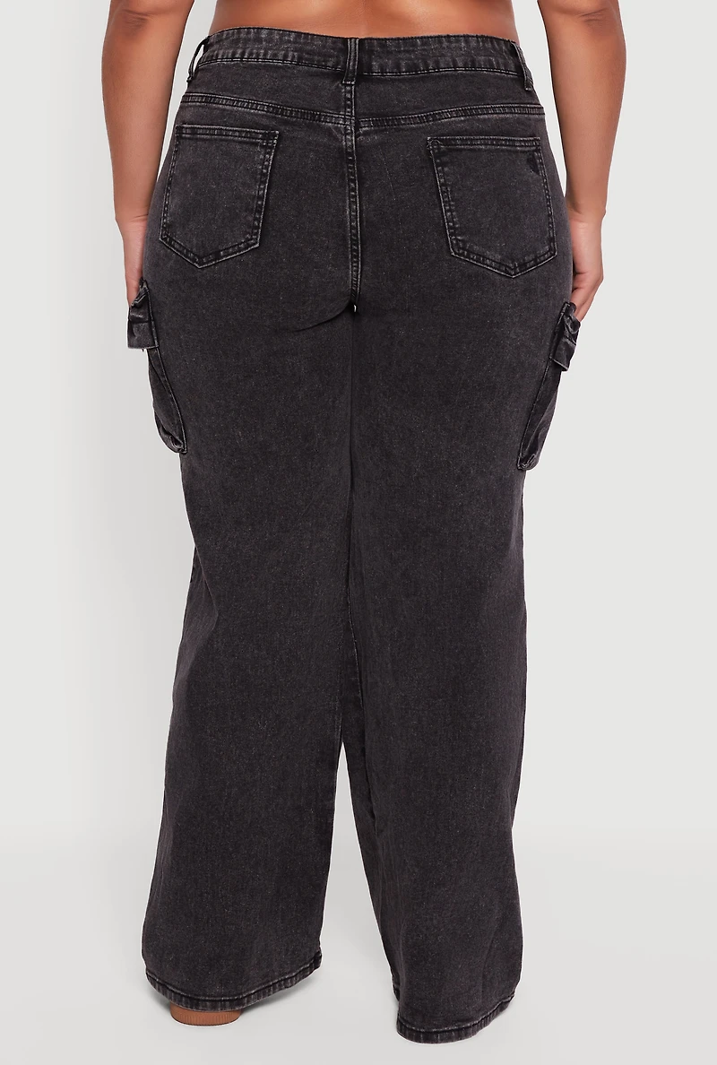 Womens Plus Size VIP Acid Wash Strap Cargo Jeans, Black, Size 15-16