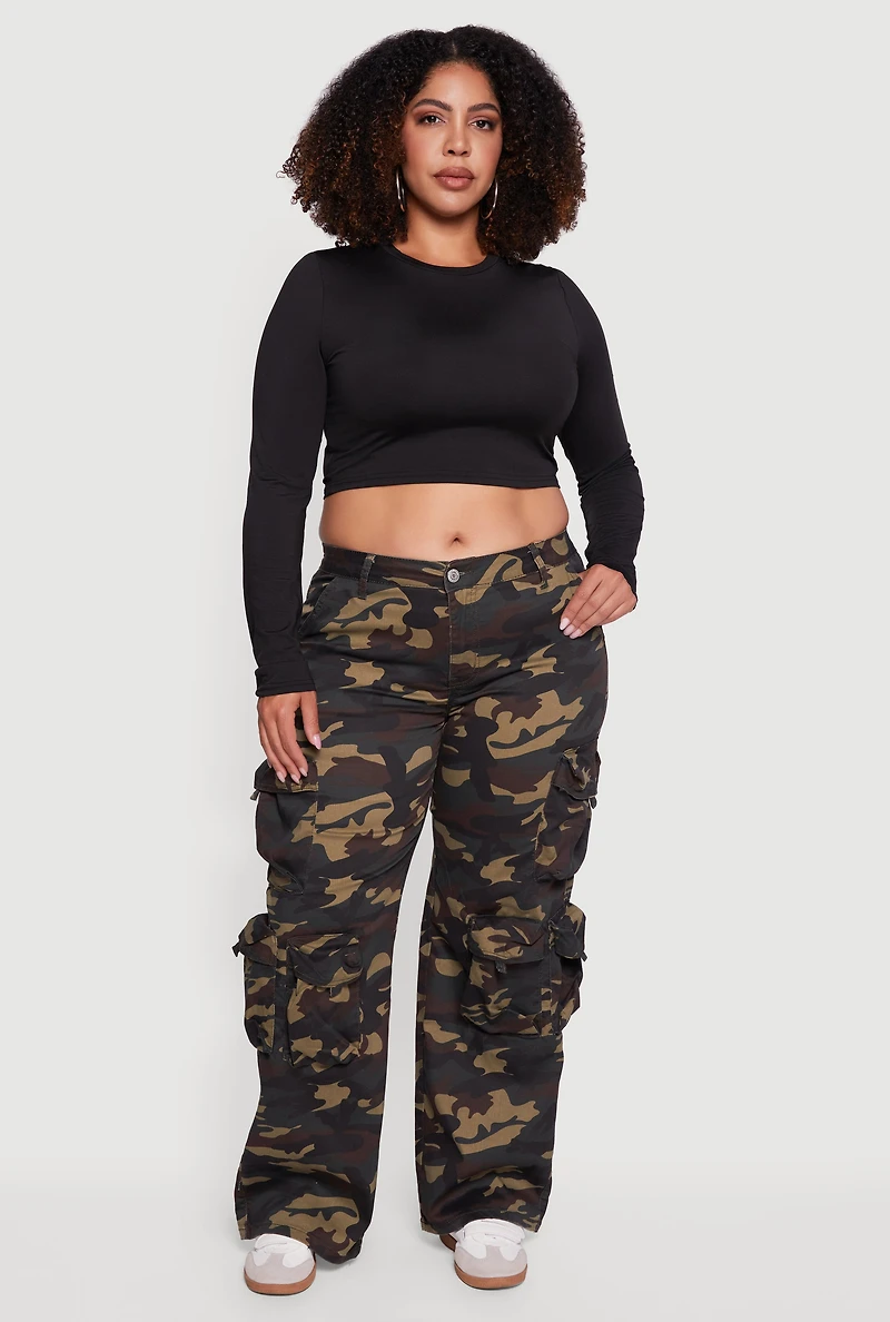 Womens Plus Size Camouflage Print Wide Leg Cargo Pants, Green, Size 22