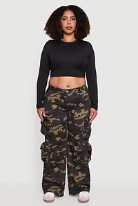 Womens Plus Size Camouflage Print Wide Leg Cargo Pants, Green, Size 22