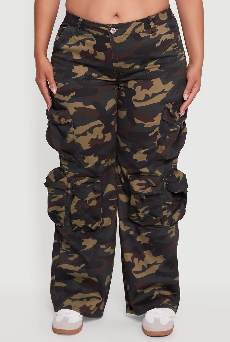 Womens Plus Size Camouflage Print Wide Leg Cargo Pants, Green, Size 22