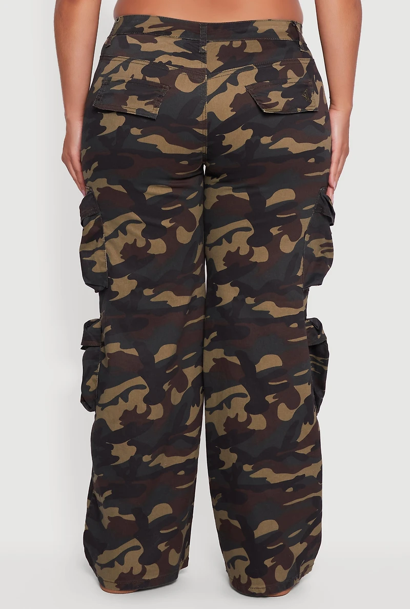 Womens Plus Size Camouflage Print Wide Leg Cargo Pants, Green, Size 22