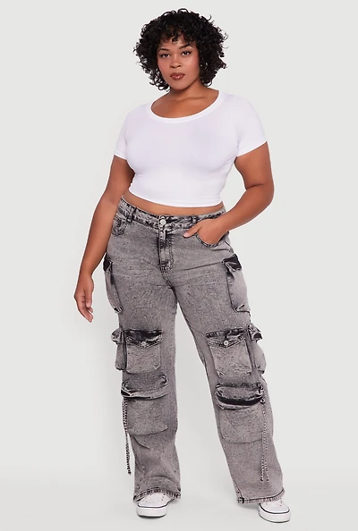 Womens Plus Size VIP Acid Wash High Waisted Flare Leg Cargo Jeans, Grey, Size 19-20