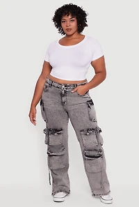 Womens Plus Size VIP Acid Wash High Waisted Flare Leg Cargo Jeans, Grey, Size 23-24