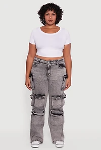 Womens Plus Size VIP Acid Wash High Waisted Flare Leg Cargo Jeans, Grey, Size 23-24