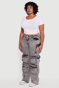 Womens Plus Size VIP Acid Wash High Waisted Flare Leg Cargo Jeans, Grey, Size 23-24