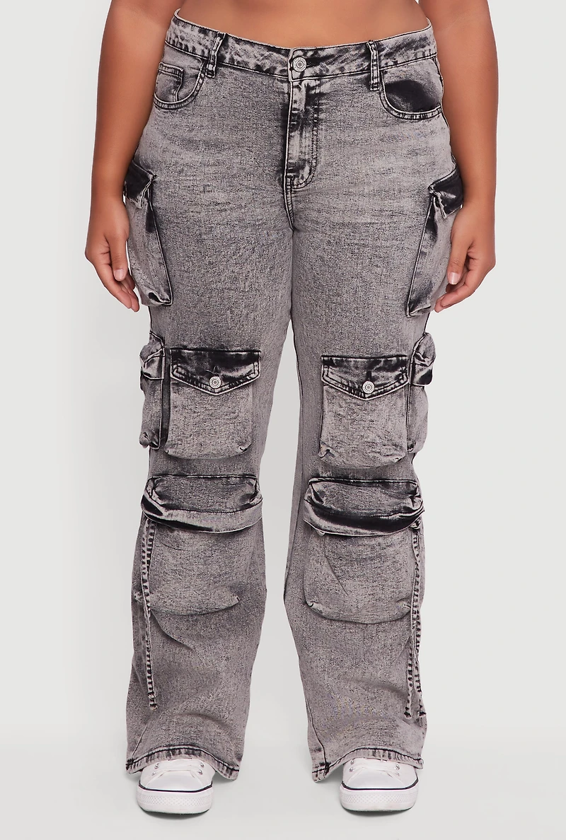 Womens Plus Size VIP Acid Wash High Waisted Flare Leg Cargo Jeans, Grey, Size 23-24
