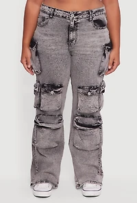Womens Plus Size VIP Acid Wash High Waisted Flare Leg Cargo Jeans, Grey, Size 23-24