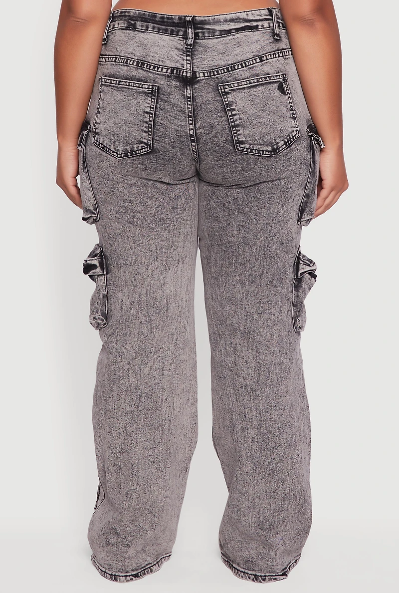 Womens Plus Size VIP Acid Wash High Waisted Flare Leg Cargo Jeans, Grey, Size 23-24