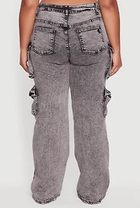 Womens Plus Size VIP Acid Wash High Waisted Flare Leg Cargo Jeans, Grey, Size 23-24