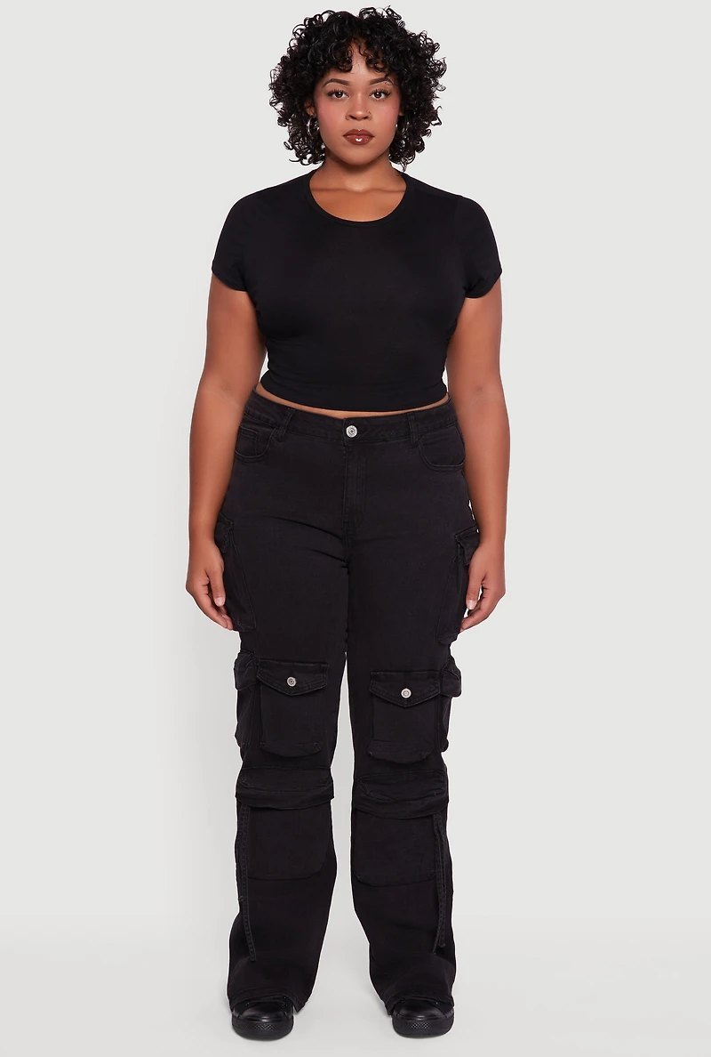 Womens Plus Size VIP High Waisted Wide Leg Cargo Jeans, Black, Size 15-16