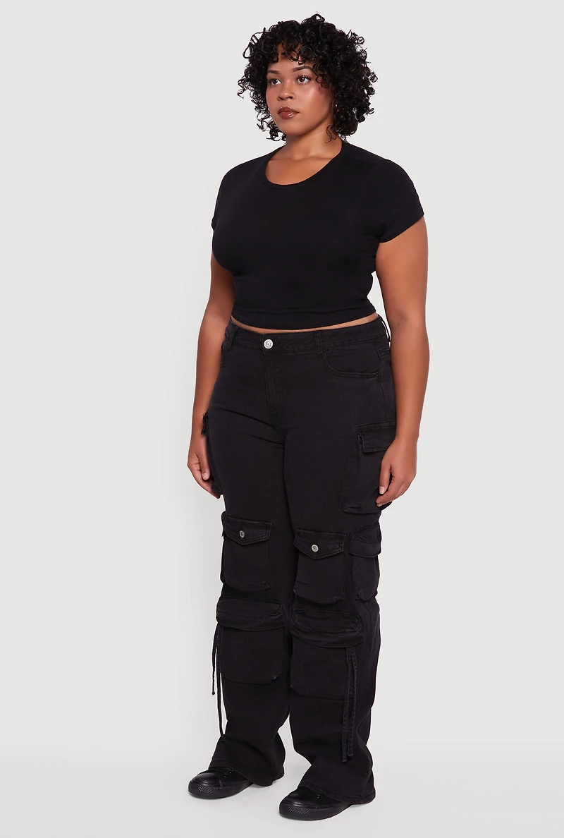Womens Plus Size VIP High Waisted Wide Leg Cargo Jeans, Black, Size 19-20