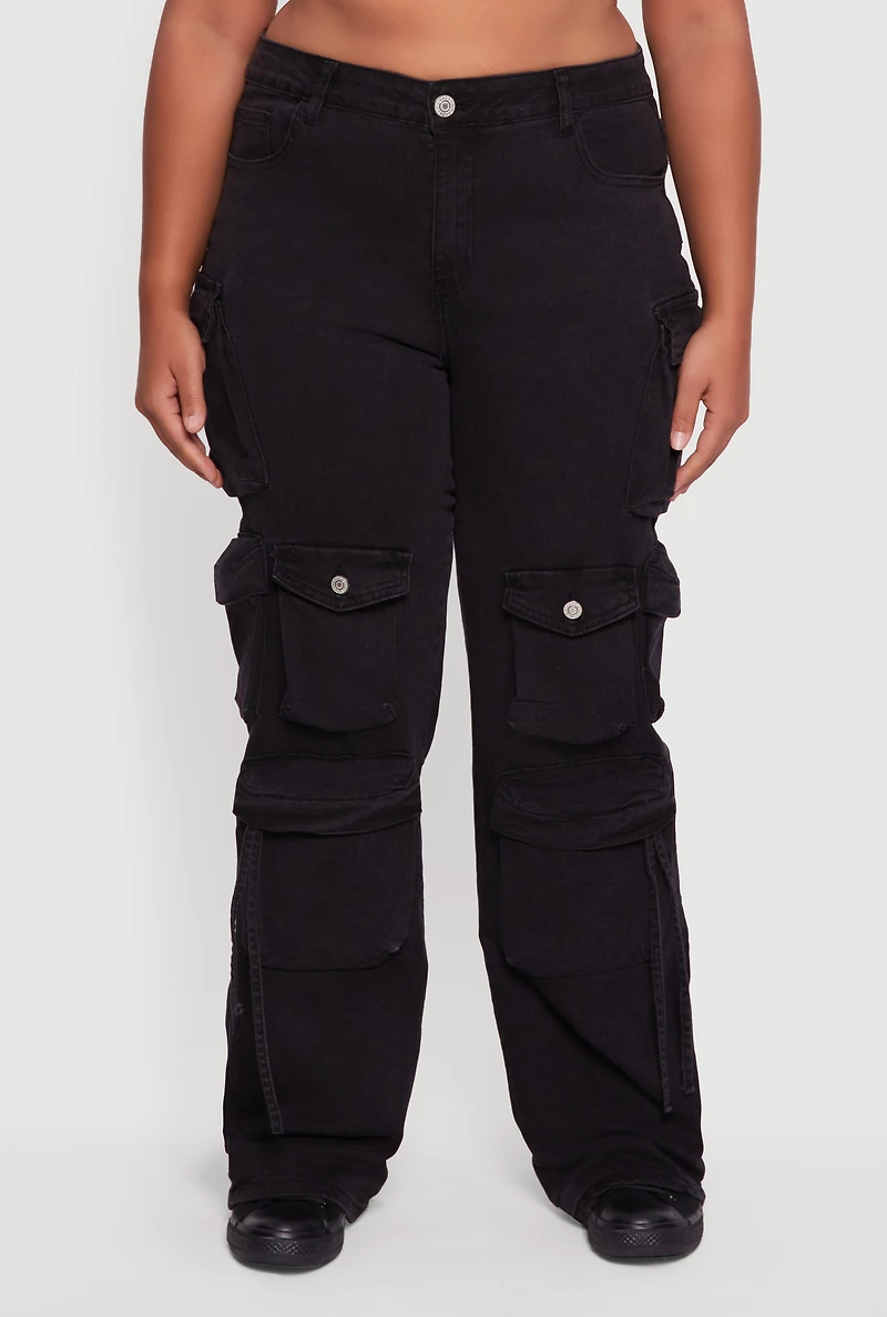 Womens Plus Size VIP High Waisted Wide Leg Cargo Jeans, Black, Size 15-16