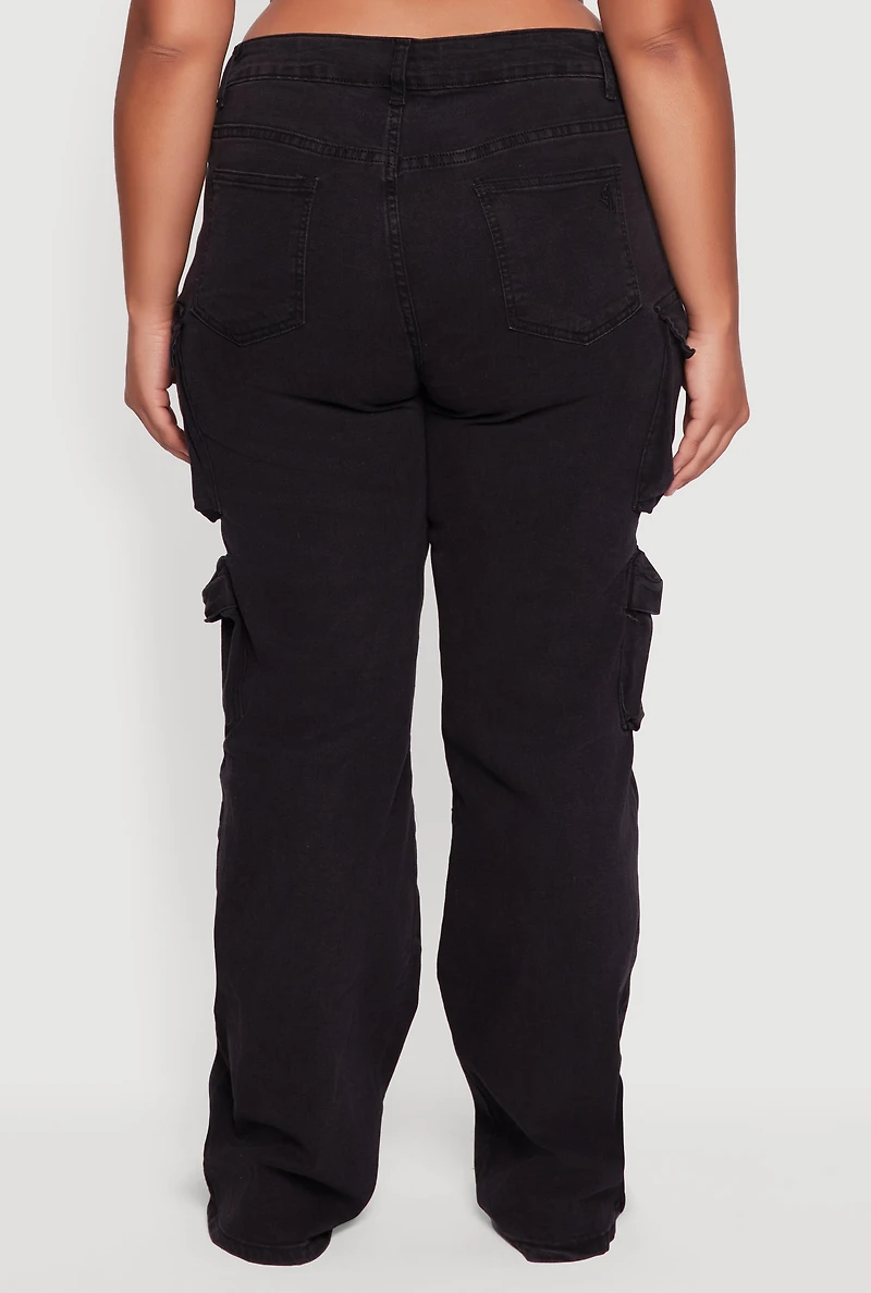 Womens Plus Size VIP High Waisted Wide Leg Cargo Jeans, Black, Size 15-16