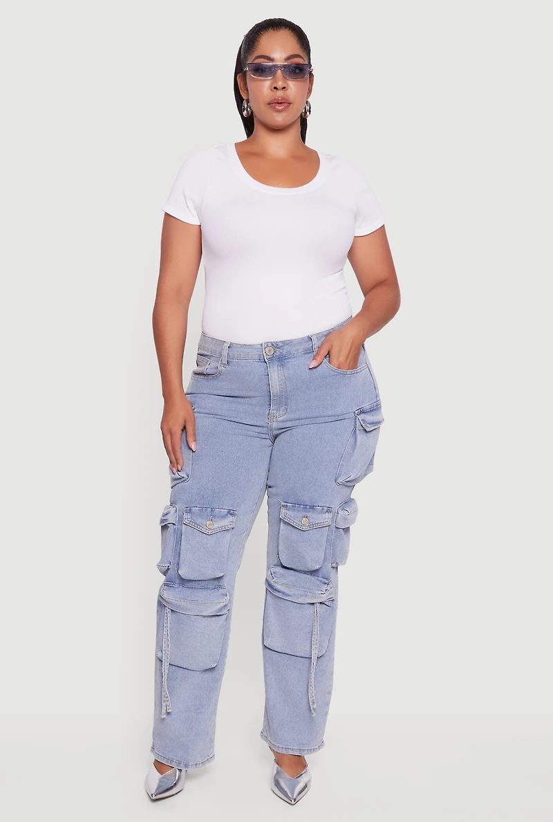 Womens Plus Size VIP Mid Rise Straight Leg Tassel Cargo Jeans, Blue, Size 23-24