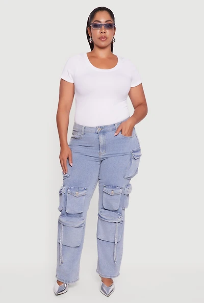 Womens Plus Size VIP Mid Rise Straight Leg Tassel Cargo Jeans, Blue, Size 23-24