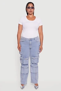 Womens Plus VIP Mid Rise Straight Leg Tassel Cargo Jeans, Blue,