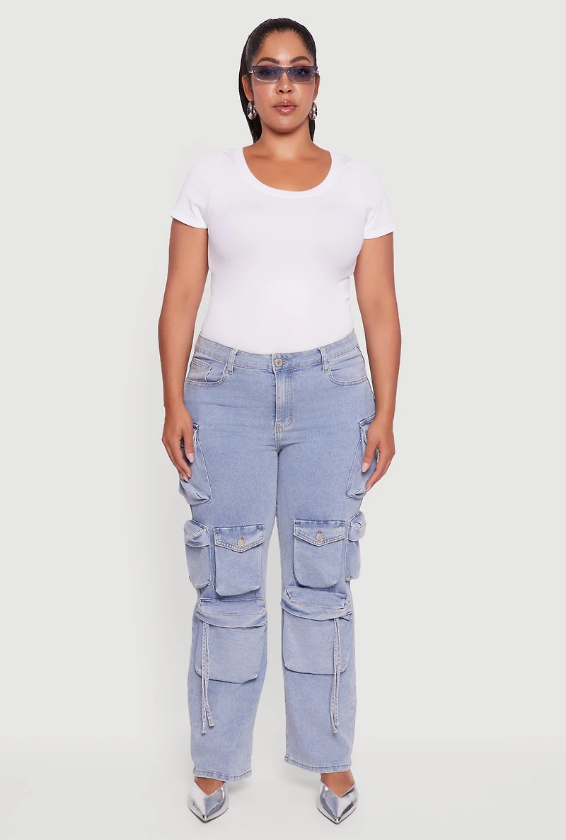 Womens Plus Size VIP Mid Rise Straight Leg Tassel Cargo Jeans, Blue, Size 13-14