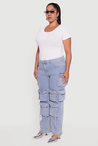 Womens Plus VIP Mid Rise Straight Leg Tassel Cargo Jeans, Blue,