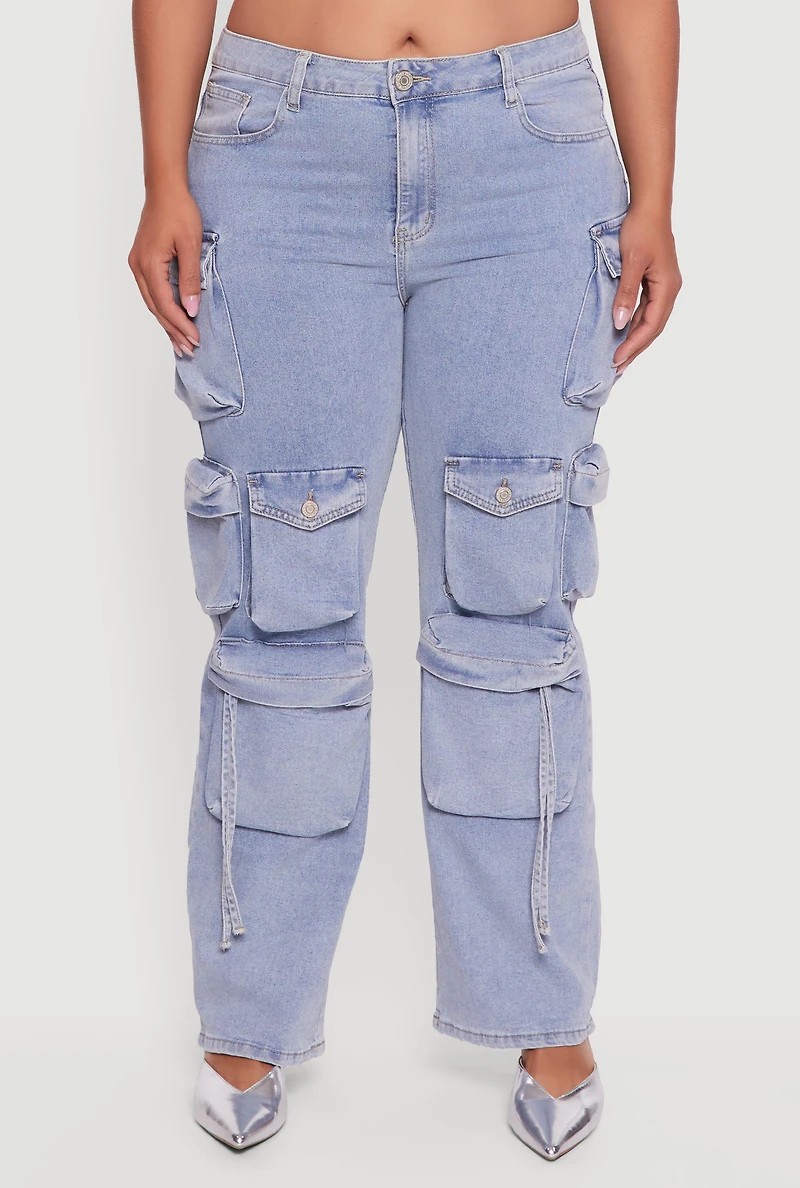 Womens Plus VIP Mid Rise Straight Leg Tassel Cargo Jeans, Blue,