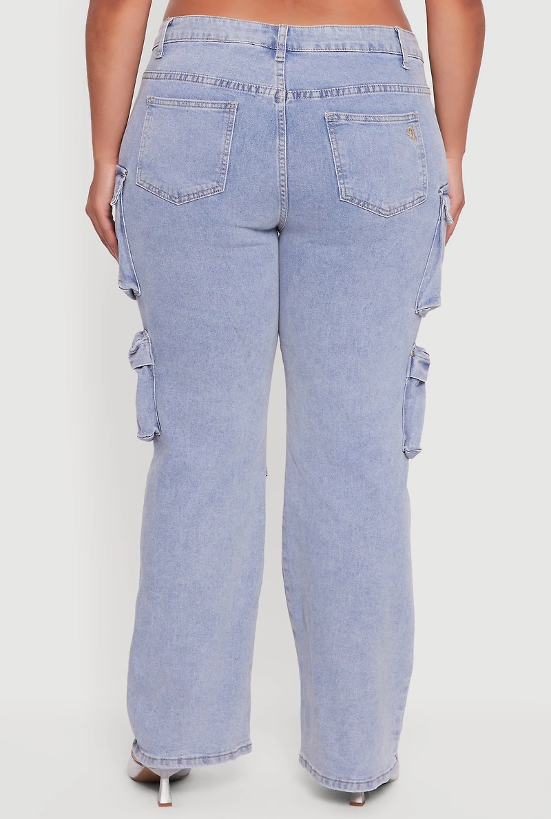 Womens Plus VIP Mid Rise Straight Leg Tassel Cargo Jeans, Blue,