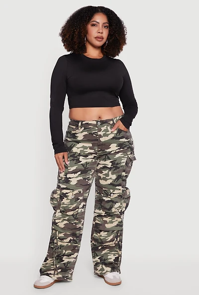 Womens Plus Size High Waisted Wide Leg Camouflage Cargo Pants, Green, Size 24