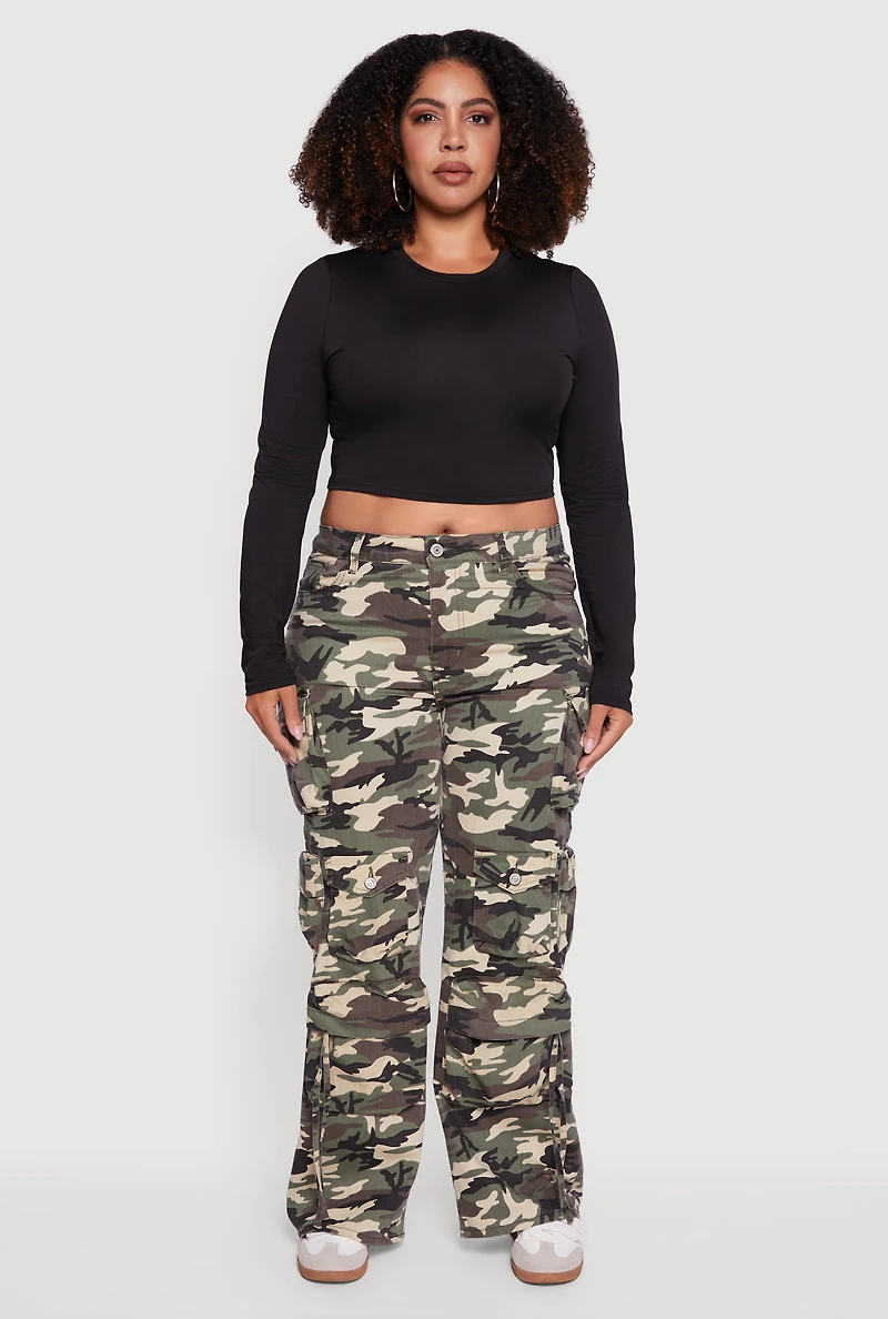Womens Plus Size High Waisted Wide Leg Camouflage Cargo Pants, Green, Size 14