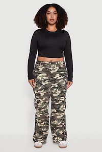 Womens Plus Size High Waisted Wide Leg Camouflage Cargo Pants, Green, Size 14