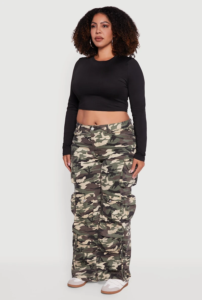 Womens Plus Size High Waisted Wide Leg Camouflage Cargo Pants, Green, Size 14