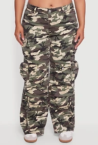 Womens Plus Size High Waisted Wide Leg Camouflage Cargo Pants, Green, Size 14