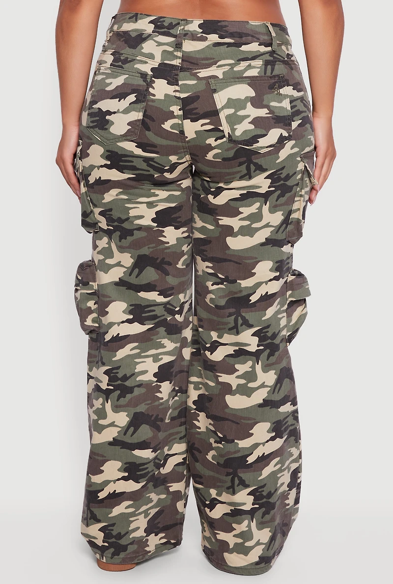 Womens Plus Size High Waisted Wide Leg Camouflage Cargo Pants, Green, Size 14