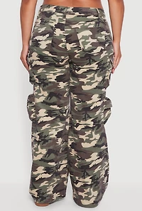 Womens Plus Size High Waisted Wide Leg Camouflage Cargo Pants, Green, Size 14