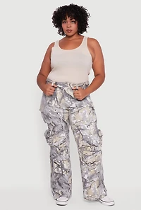Womens Plus VIP High Waisted Wide Leg Hunter Camo Cargo Pants, Grey,