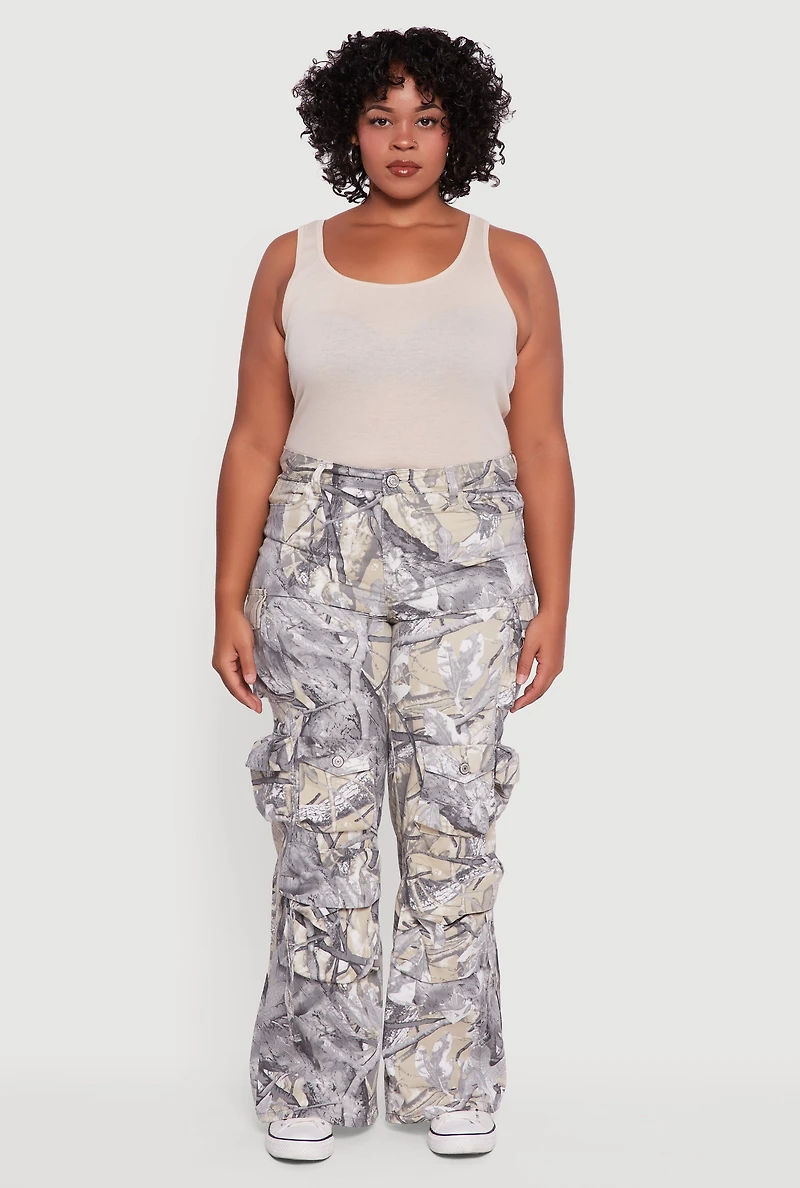 Womens Plus VIP High Waisted Wide Leg Hunter Camo Cargo Pants, Grey,