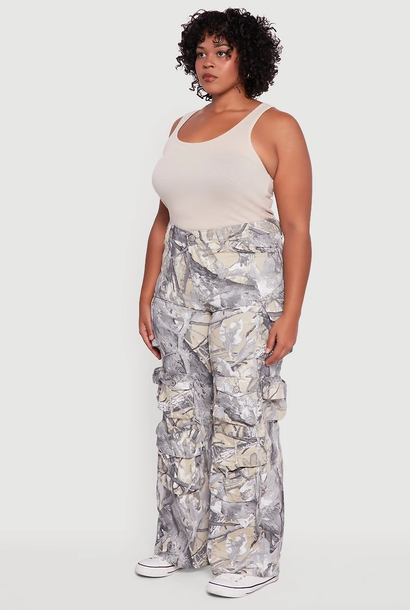 Womens Plus VIP High Waisted Wide Leg Hunter Camo Cargo Pants, Grey,