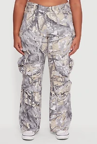Womens Plus VIP High Waisted Wide Leg Hunter Camo Cargo Pants, Grey,