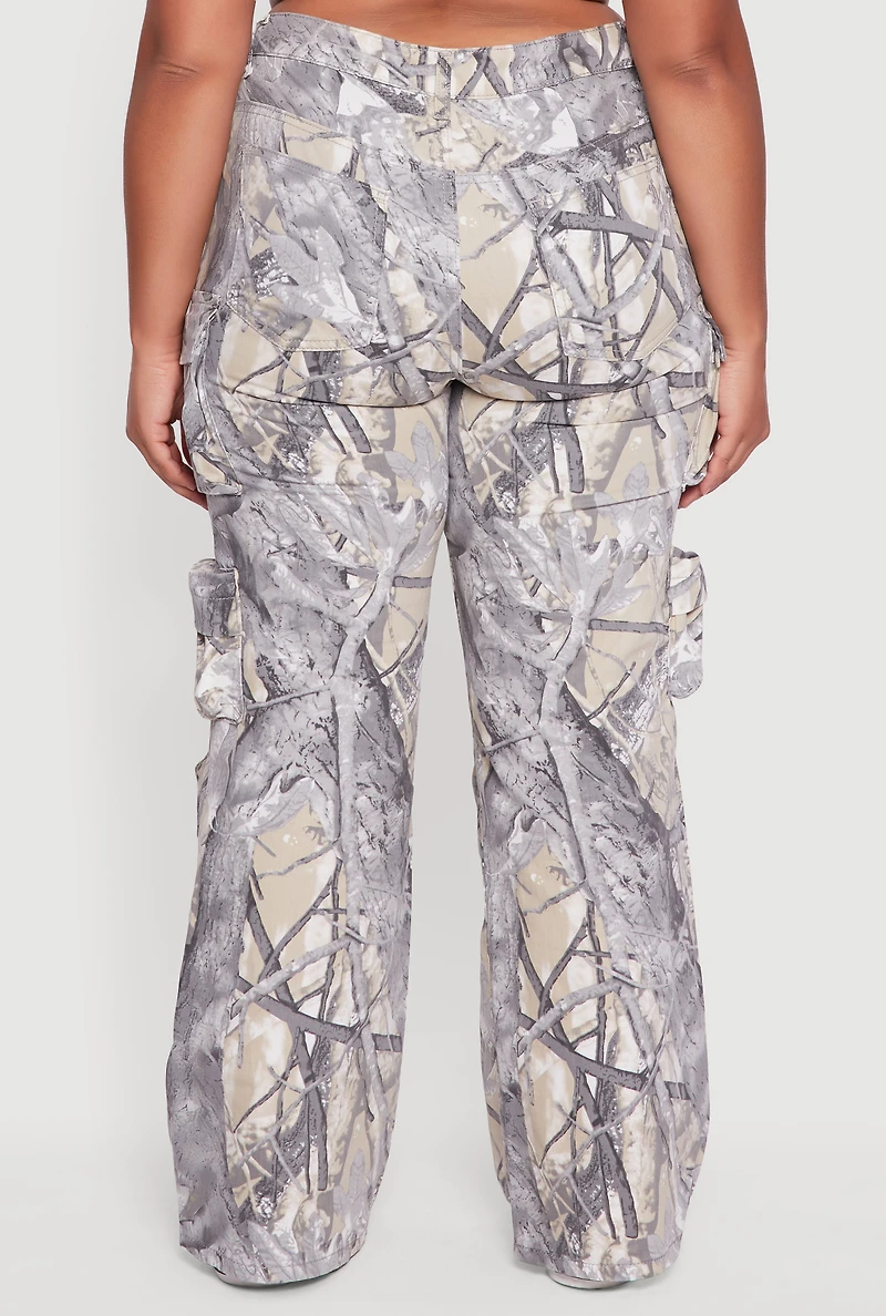 Womens Plus VIP High Waisted Wide Leg Hunter Camo Cargo Pants, Grey,