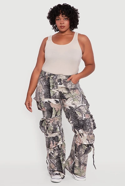 Womens Plus Size VIP Camo Wide Leg Utility Pants, Multi, Size 18