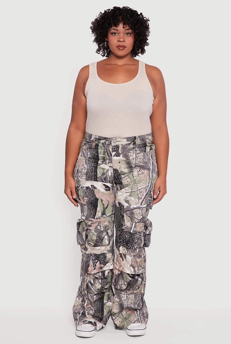 Womens Plus Size VIP Camo Wide Leg Utility Pants, Multi, Size 18