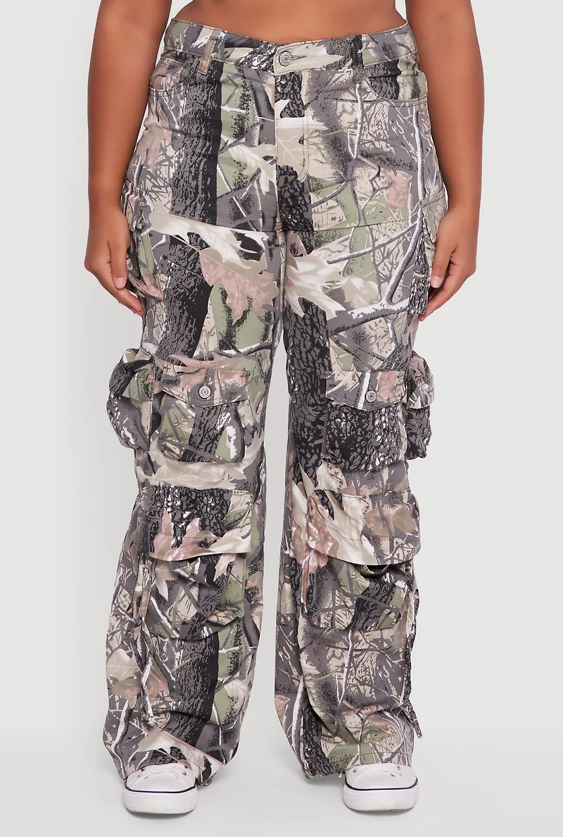 Womens Plus Size VIP Camo Wide Leg Utility Pants, Multi, Size 18