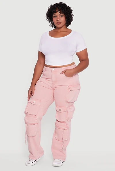 Womens Plus VIP Mineral Wash Utility Jeans, Pink,