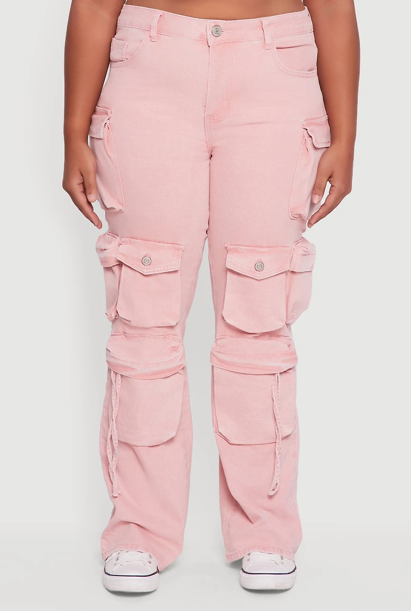 Womens Plus VIP Mineral Wash Utility Jeans, Pink,